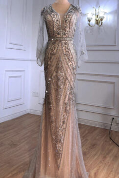 Nude Cape Style Beaded Evening Gown