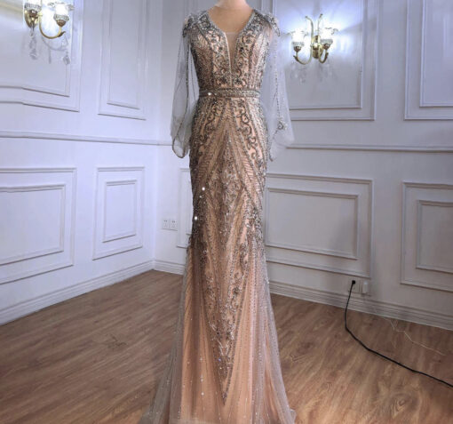 Nude Cape Style Beaded Evening Gown