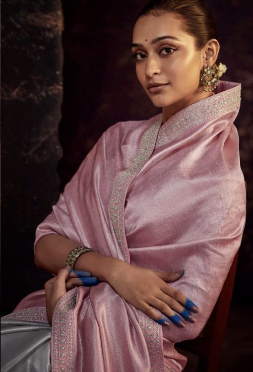 Pink & Teal Fancy Fabric Embroidered Designer Saree