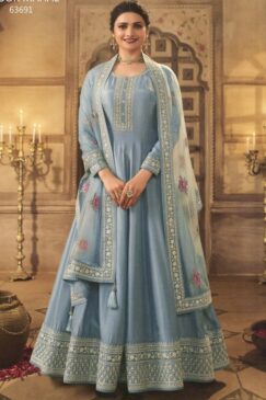 Light Blue Dola Silk Embroidered Anarkali Suit