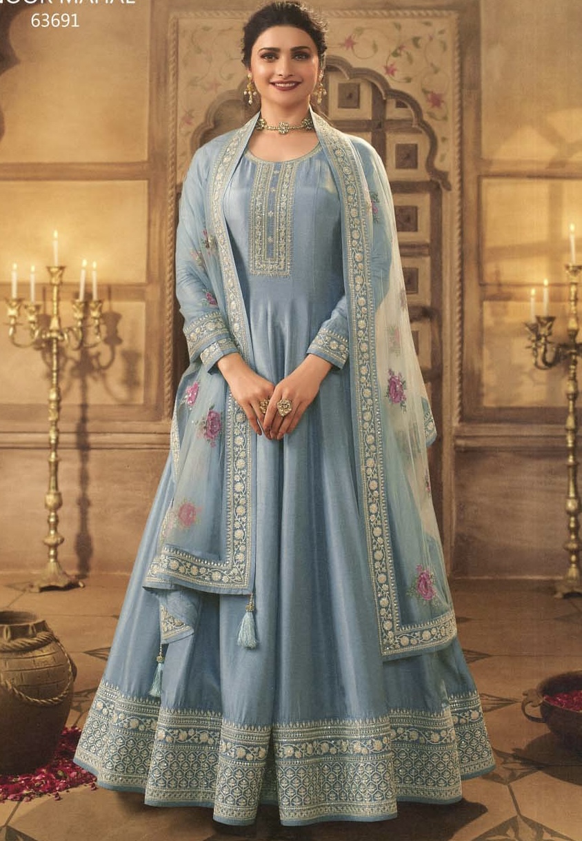 Light Blue Dola Silk Embroidered Anarkali Suit Salwar Kameez