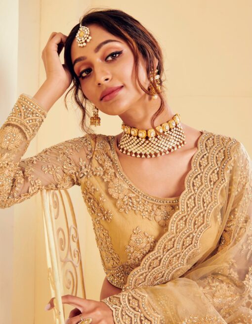 golden net lehenga choli