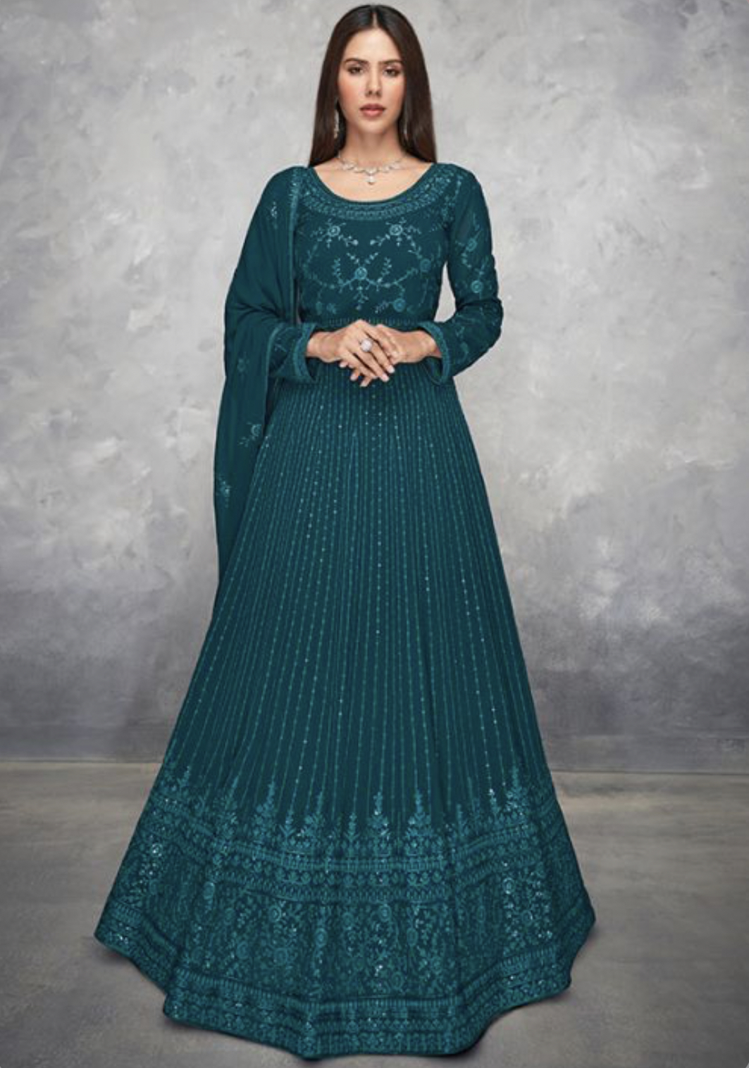 Women Teal Blue Georgette Embroidery Anarkali Salwar Kameez