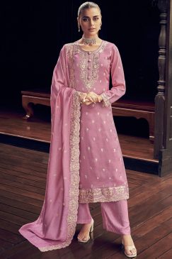 Pink Embroidered Textured Silk Palazzo Suit