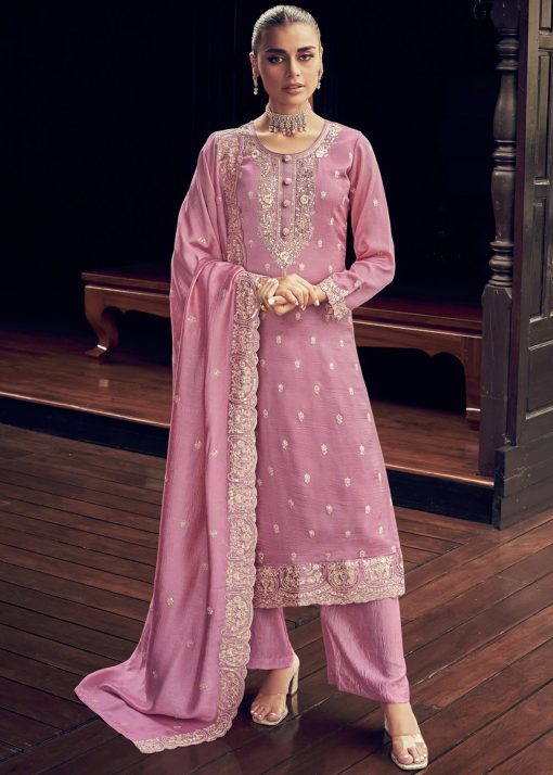 Pink Embroidered Textured Silk Palazzo Suit