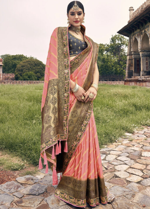 Peach Woven Silk Embroidered Wedding Saree