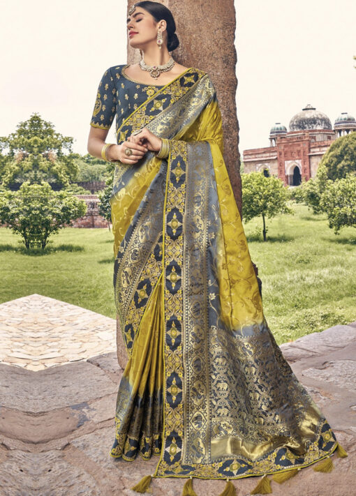 Yellow Woven Silk Embroidered Wedding Saree