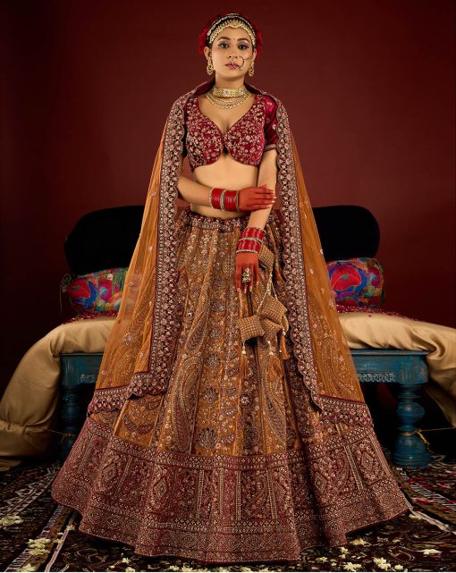 Royal Mustard Velvet Embroidered Bridal Lehenga Choli