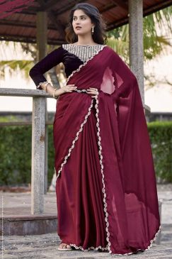 Wine Satin Silk Chiffon Party Wear Saree