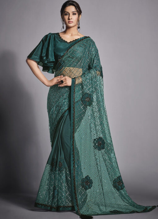 Green Lycra Party Wear Saree
