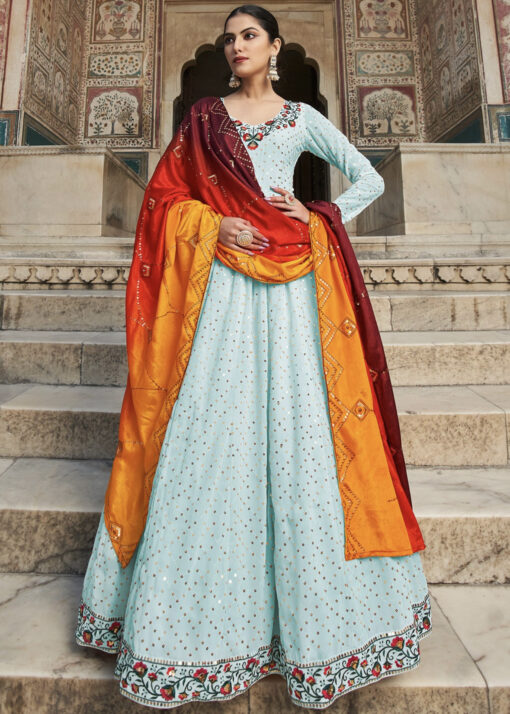Sky Blue Embroidered Anarkali Suit