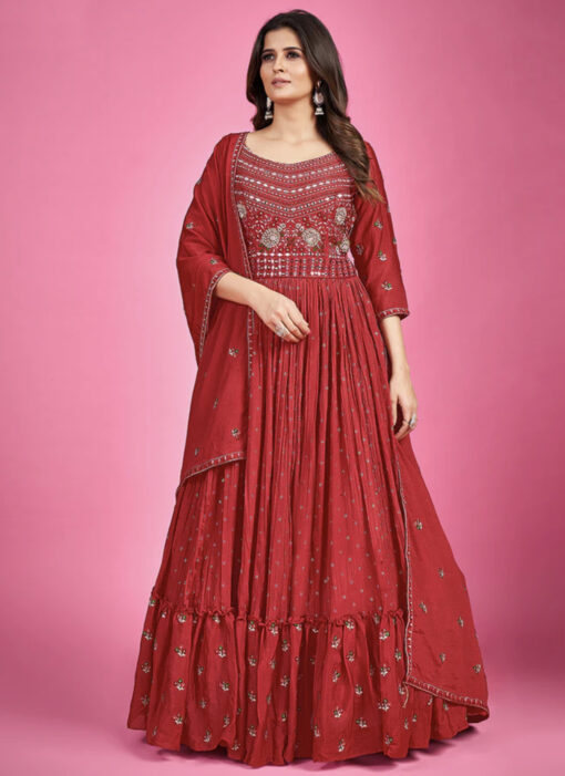 Red Embroidered Anarkali Suit