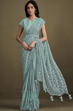 Blue Crepe Silk Pre Pleated Designer Saree