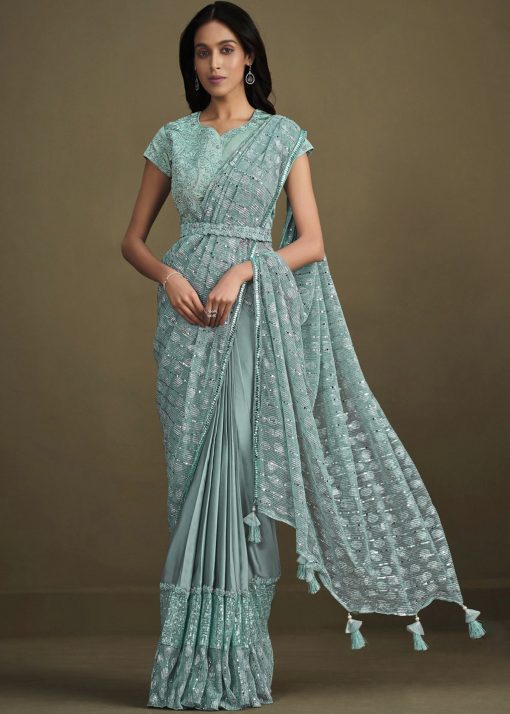 Blue Crepe Silk Pre Pleated Designer Saree