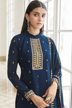 Alternative view of Navy Blue Georgette Embroidered Palazzo Suit
