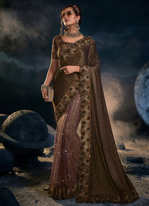 Chocolate Half N Half Digital Print Bridal Saree