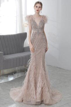 Heavy Beaded Feathered Evening Gown
