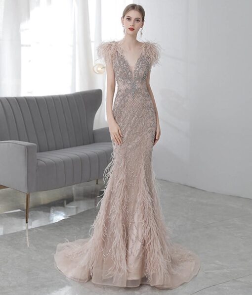 Heavy Beaded Feathered Evening Gown