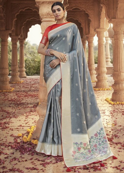 Grey Traditional Soft Satin Silk Saree