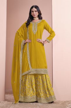 Yellow Color Partywear Plazo Suit In Silk Fabric Wedding Function