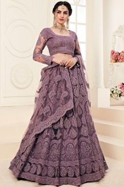 Mauve Net With Satin Silk Embroidered Lehenga Choli