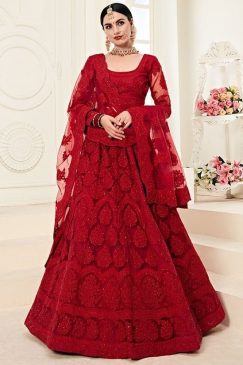 Cherry Red Net With Satin Silk Embroidered Lehenga Choli