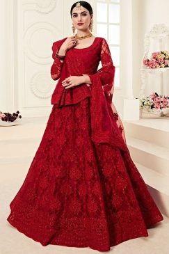 Red Net With Satin Silk Embroidered Lehenga Choli
