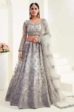 Grey Embroidered Net Bridal Lehenga Choli