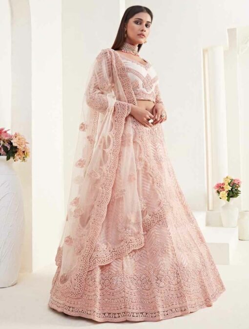 Peachy Pink Embroidered Net Bridal Lehenga Choli