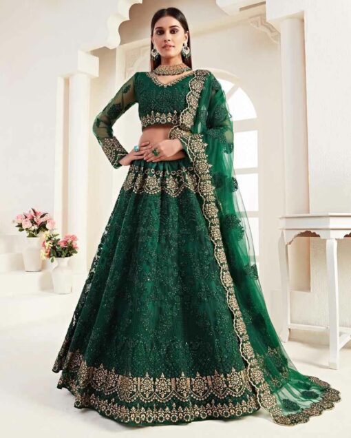 Green Embroidered Net Bridal Lehenga Choli