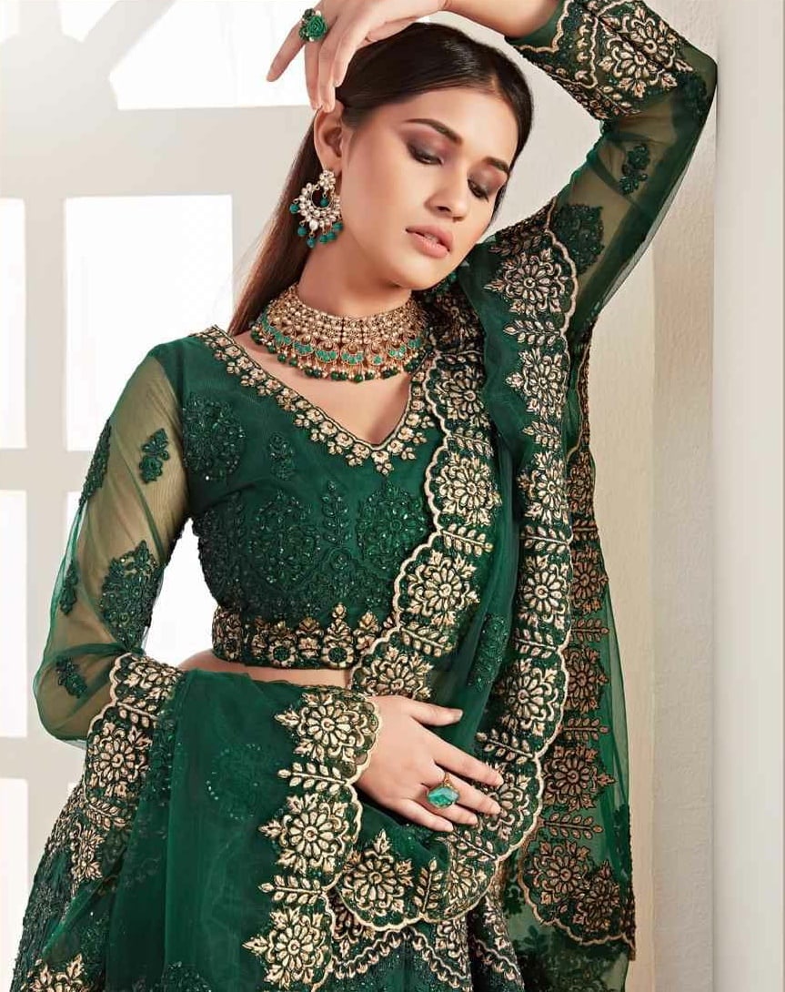 Green Embroidered Net Bridal Lehenga Choli - Lehengas Designer Collection