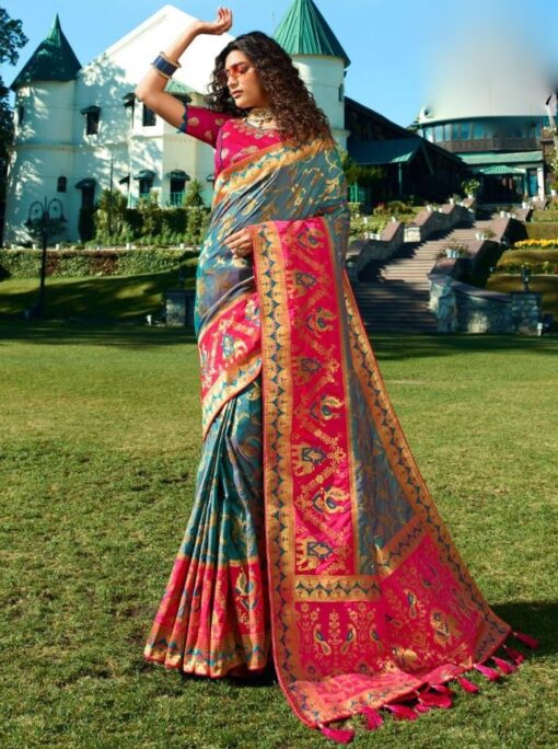 Blue & Pink Banarasi Silk Wedding Saree