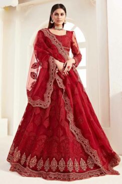Red Embroidered Net Bridal Lehenga Choli