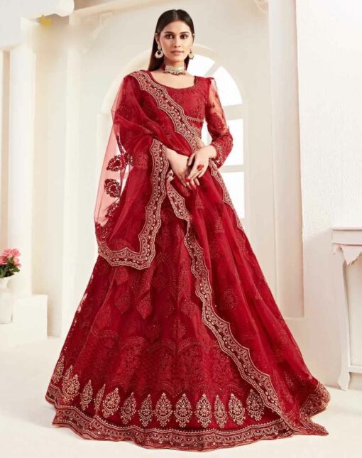 Red Embroidered Net Bridal Lehenga Choli