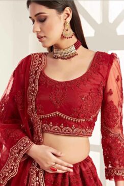 Red Embroidered Net Bridal Lehenga Choli