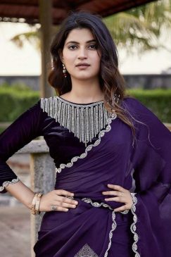 Alternative view of Purple Satin Silk Chiffon Party Wear Saree