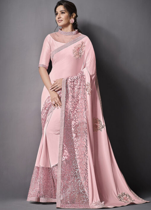Pink Lycra Party Wear Saree