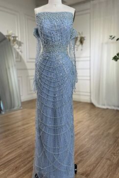 Elegant Strapless Beaded Formal Evening Dress