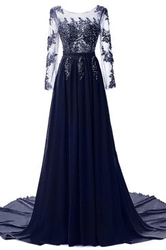 Elegant Blue Long Beaded Evening Dress