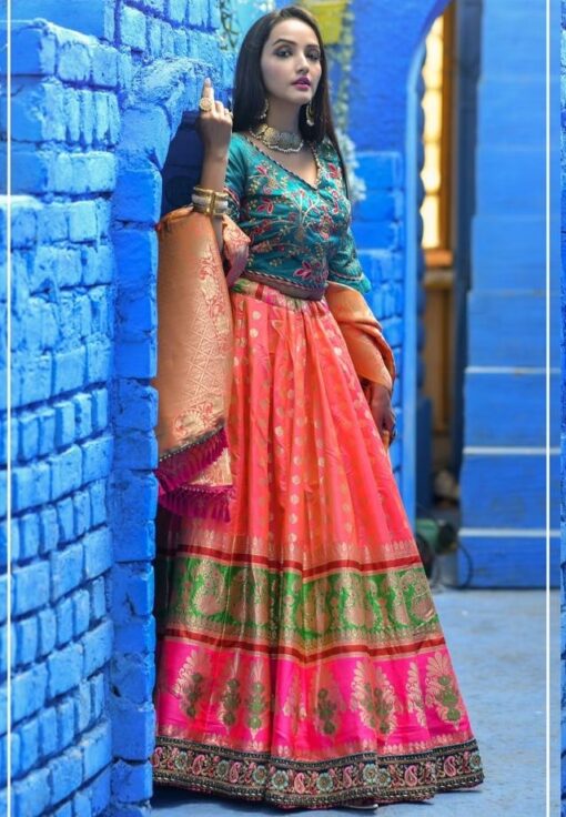 Multi Coloured Banarasi Silk Lehenga Choli