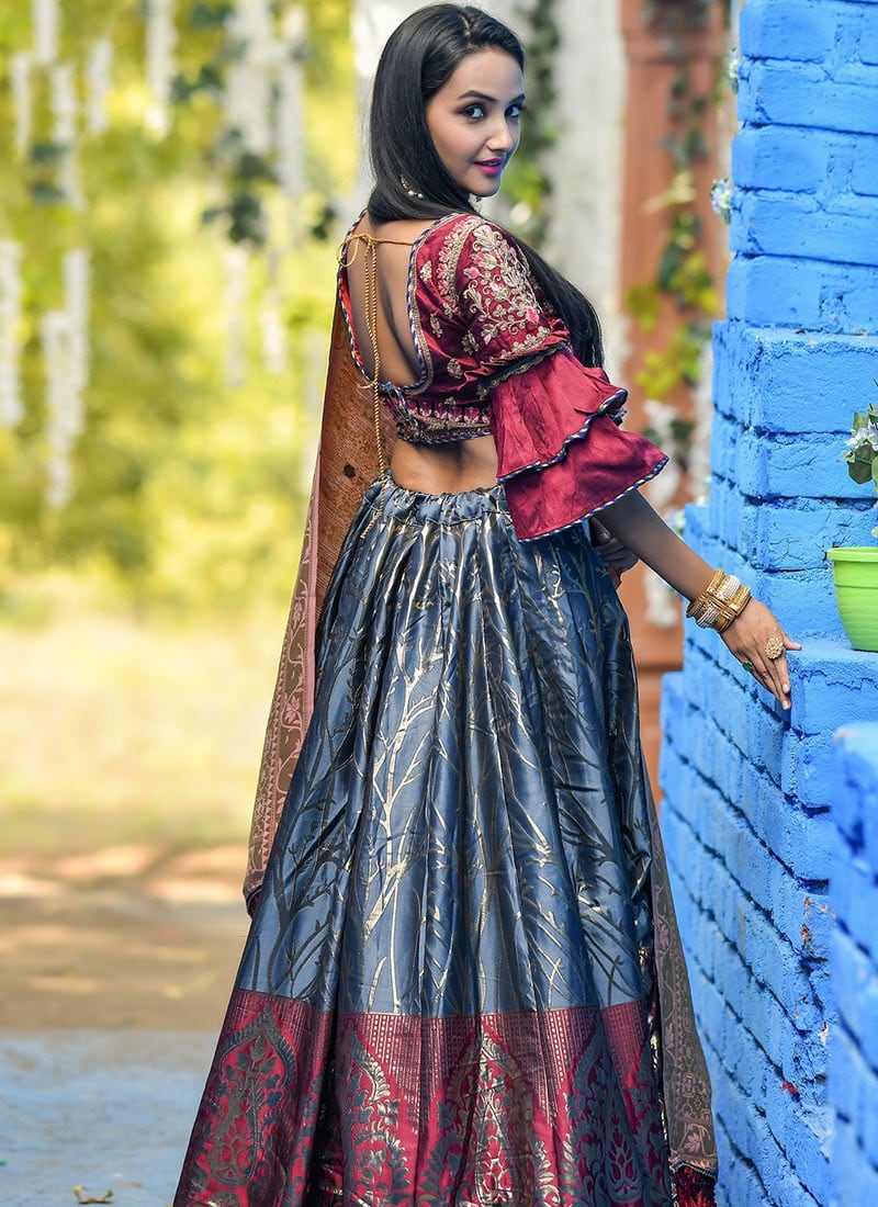 Steal Blue Banarasi Silk Lehenga Choli - Lehengas Designer Collection