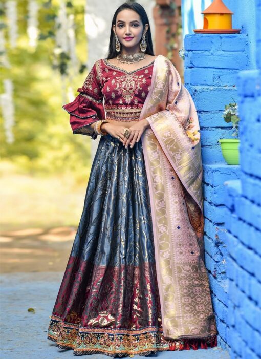 Steal Blue Banarasi Silk Lehenga Choli