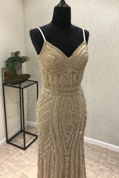 Alternative view of Elegant Beige Long Beaded Mermaid Evening Dress
