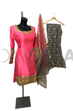 Ready To Wear Pink And Grey Silk/ Net Palazzo Suit