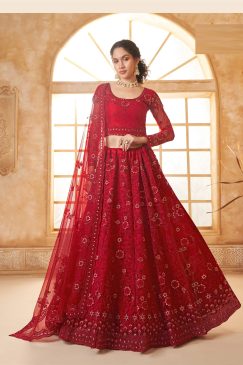Red Color Lehenga Choli In Net Fabric