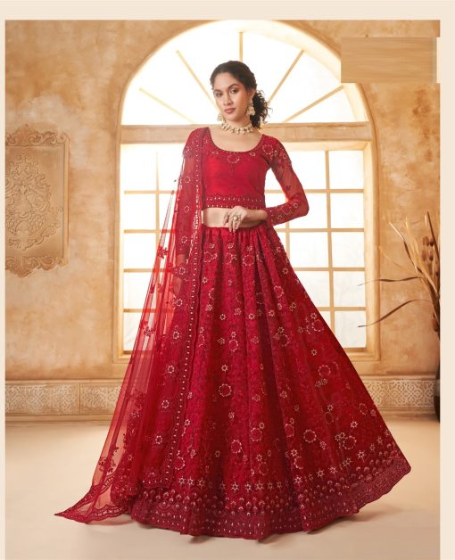 Red Color Lehenga Choli In Net Fabric