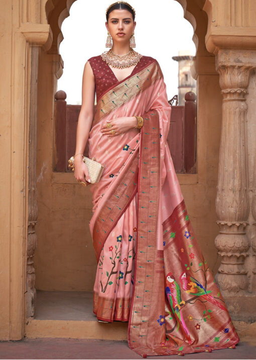 Peach Zari Woven Paithani Silk Saree