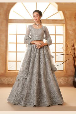 Dusty Grey Color Lehenga Choli In Net Fabric