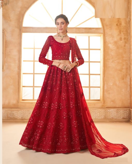 Red Color Lehenga Choli In Net Fabric