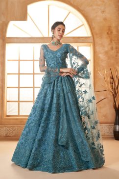 Bluish Cyan Color Lehenga Choli In Net Fabric